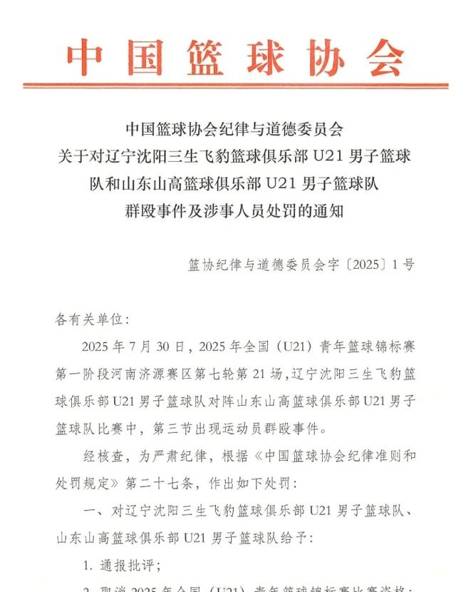辽宁山东U21处罚结果:4人被停赛三年取消两队比赛资格(山东1市2人被调查)